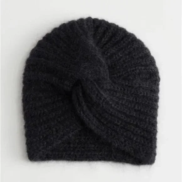 Paris Atelier & OTHER STORIES Mohair Wool Knit Turban Twisted Winter Beanie Hat Mohair-Blend Brushed Beanie - Dark Greige Melange - & Other  main image 3